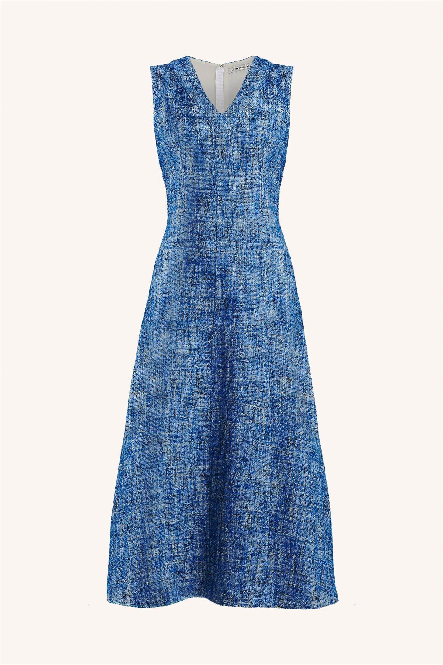 Mio Dress in Blue Cotton Tweed - Image 4