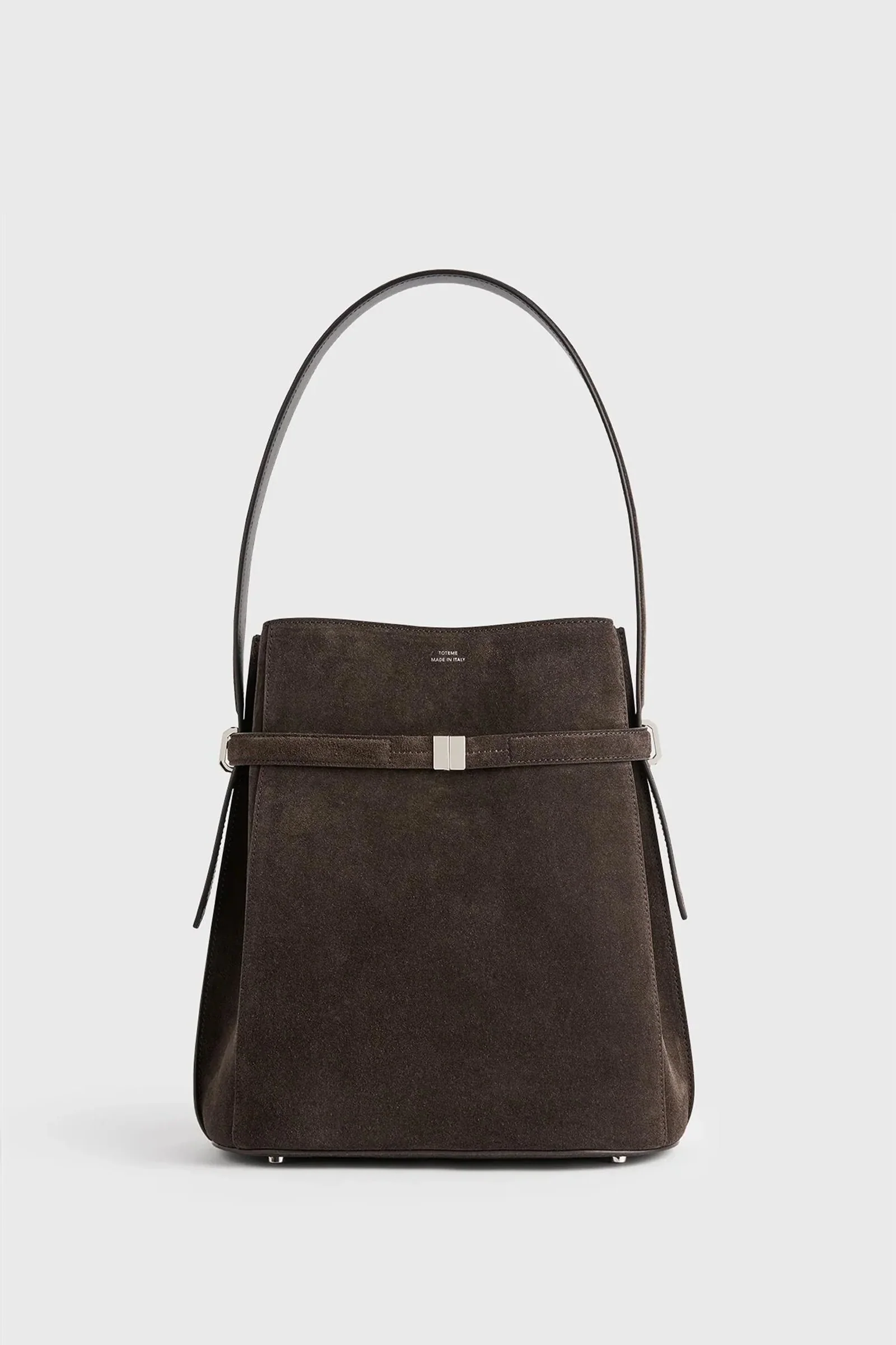Belted suede bucket bag