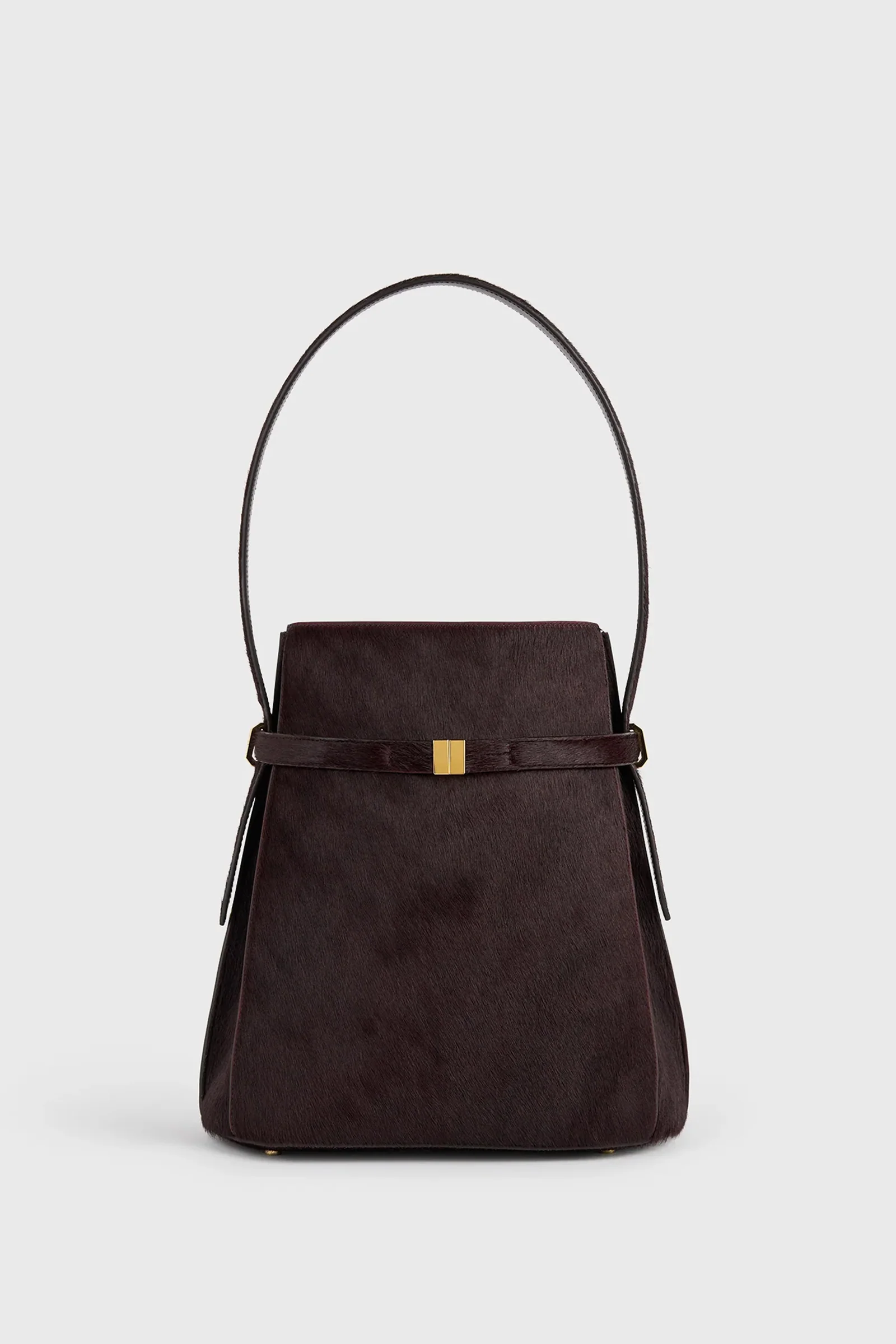 Belted pony hair bucket bag