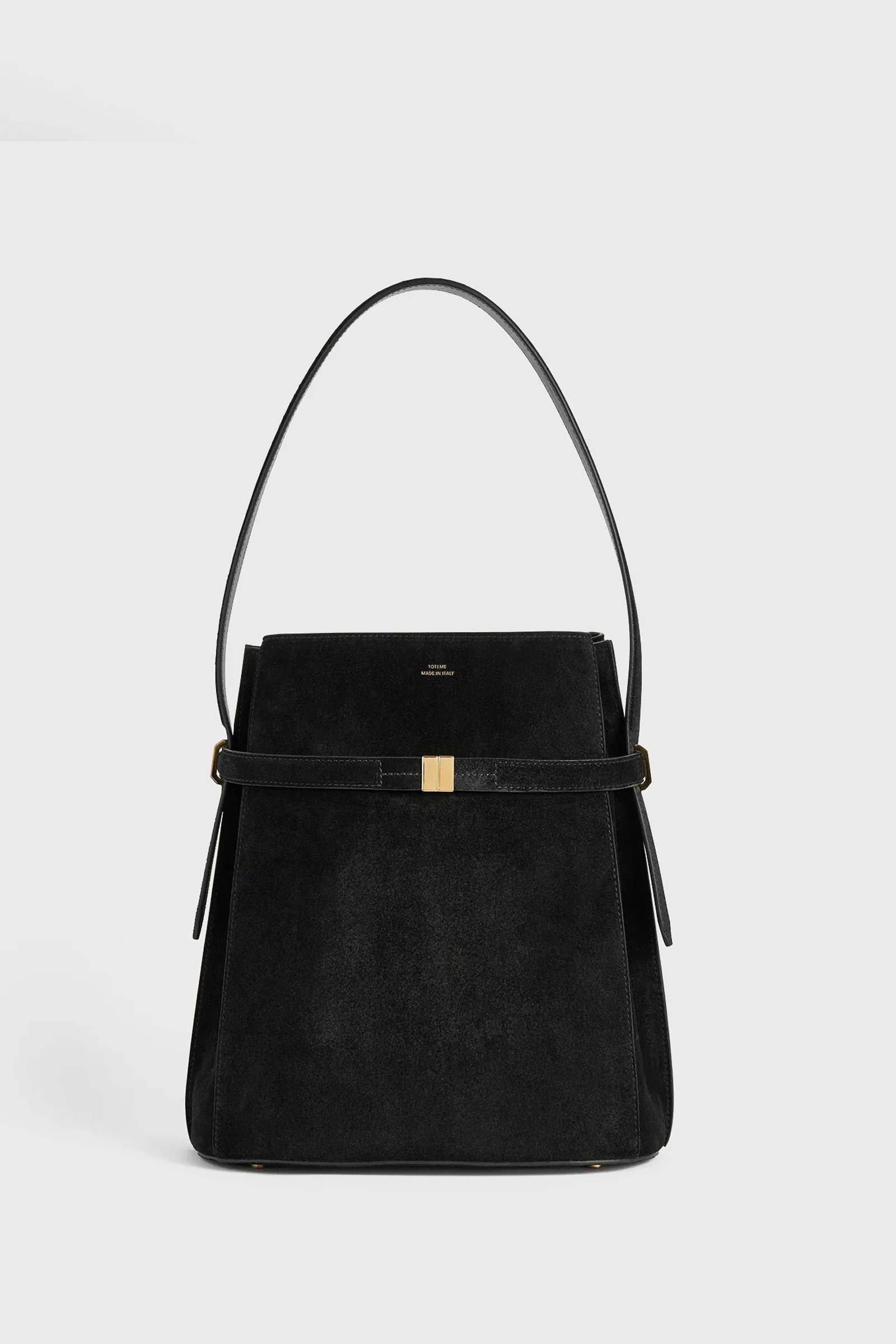 Belted suede bucket bag