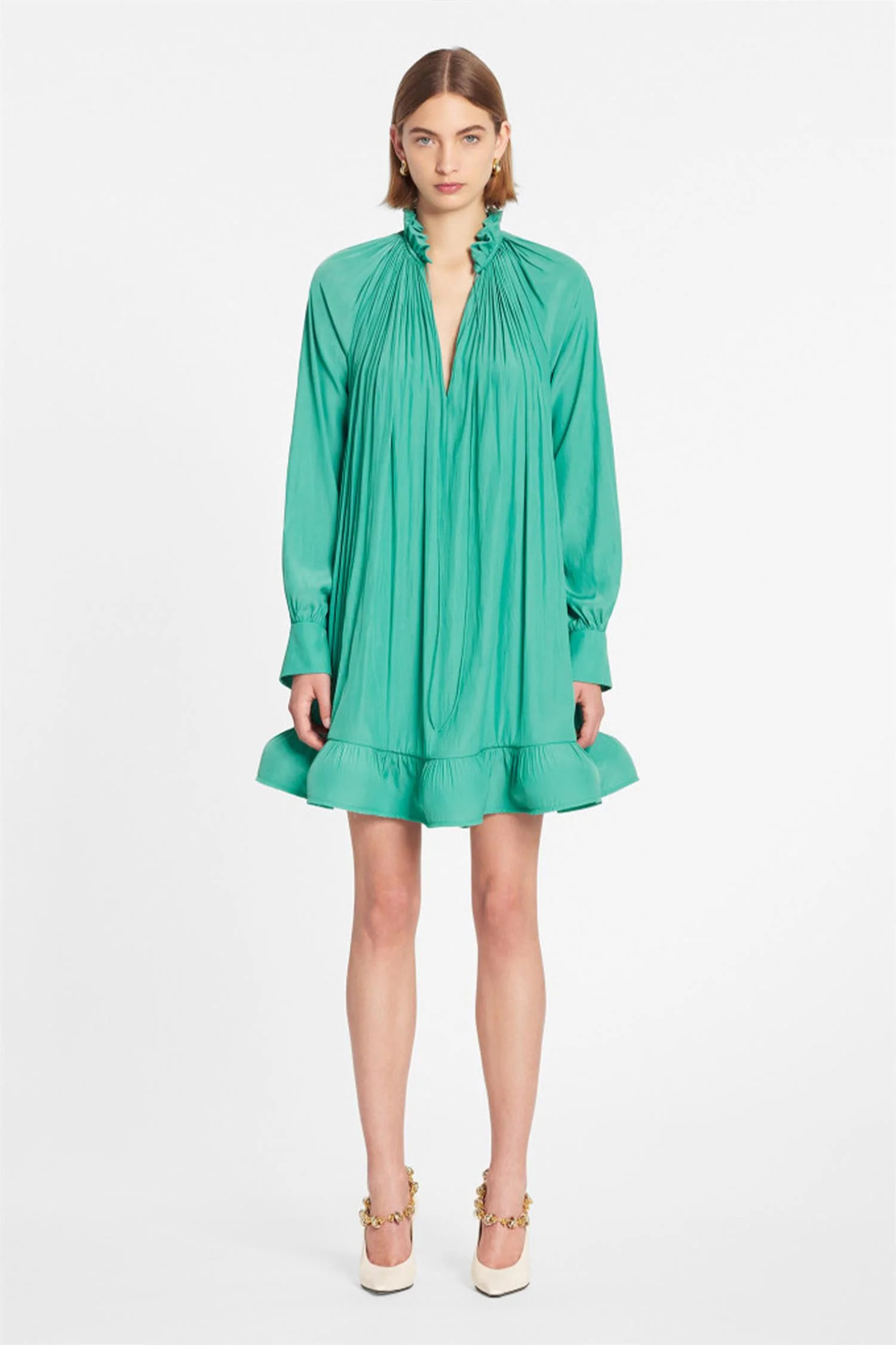 Short Charmeuse Dress With Long Sleeves and Ruffles