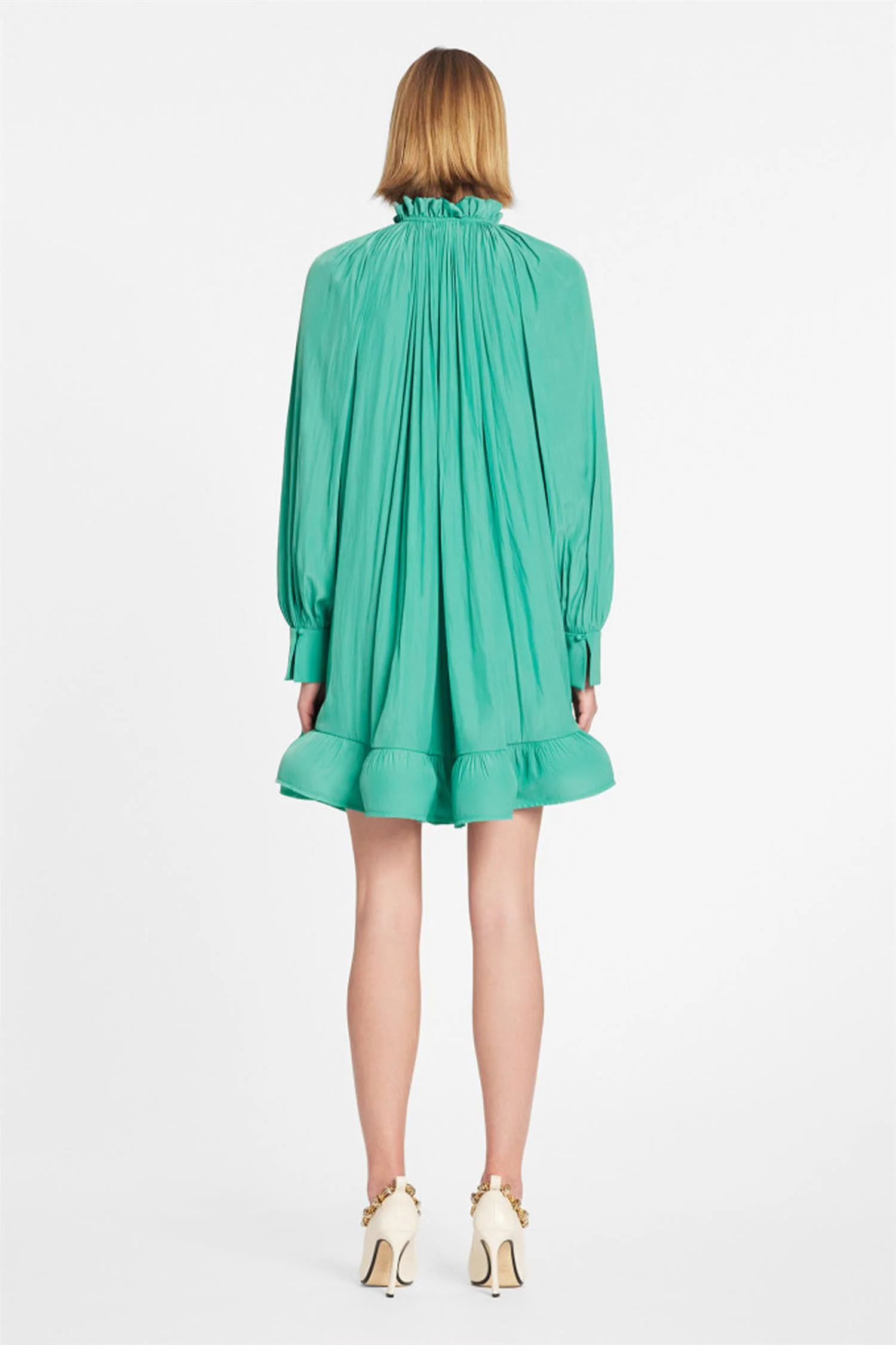 Short Charmeuse Dress With Long Sleeves and Ruffles - Image 3